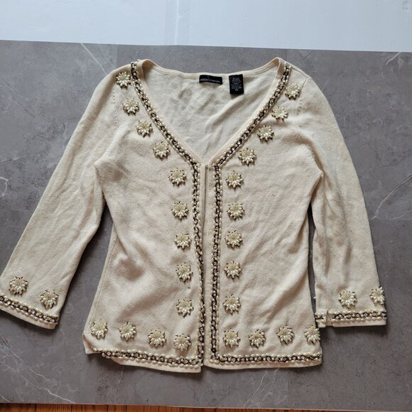 Vintage Moda International XS Beaded Snowflake Cardigan Sweater Silk Wool - Picture 2 of 7